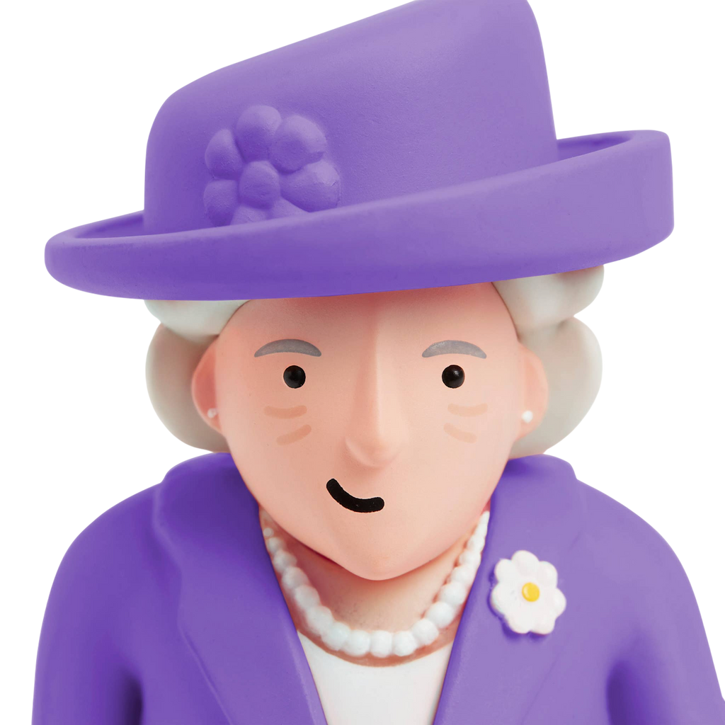 A cartoonish figure wearing a purple hat and coat features a small smile, pearl necklace, and flower brooch, set against a white background.