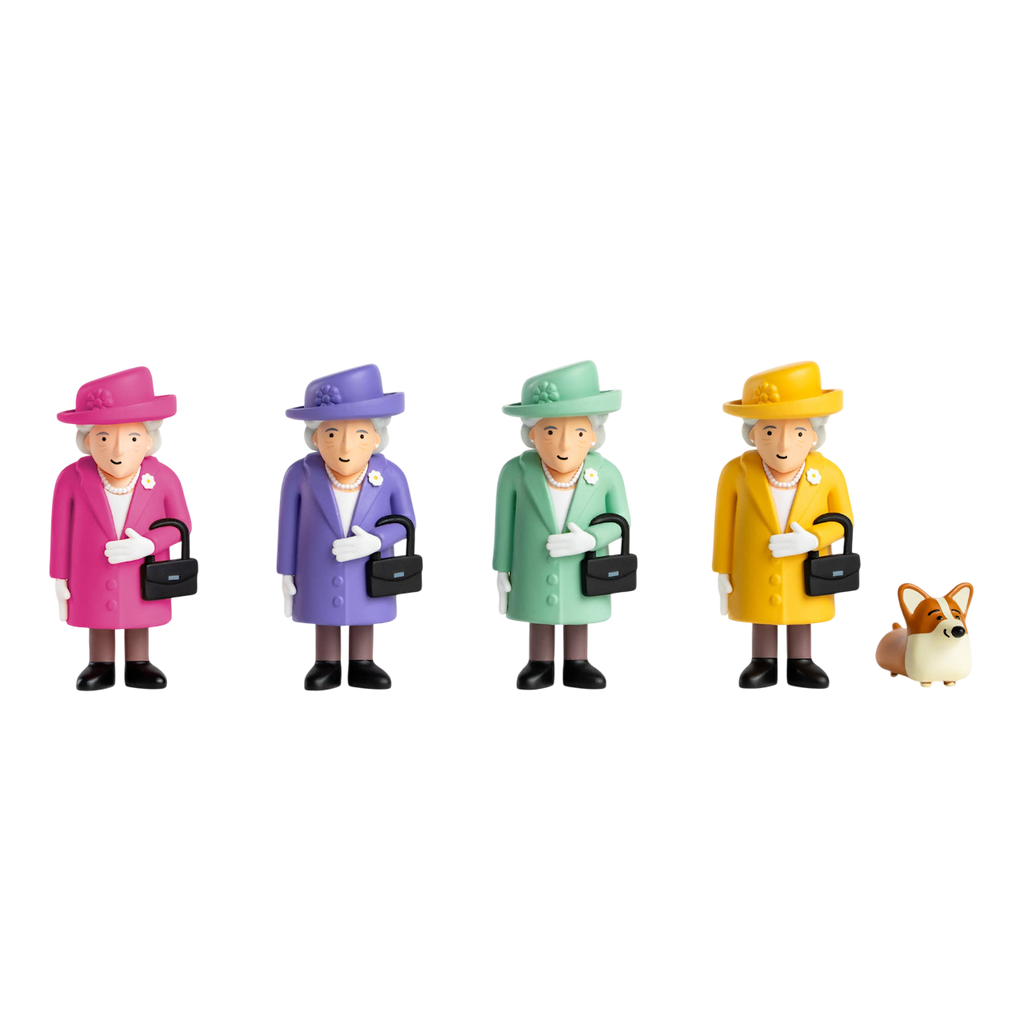 Four toy figures of a woman in colorful outfits and hats, each holding a black handbag. A small brown and white corgi toy sits beside them.