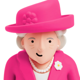 A playful figurine of an elderly woman wearing a vibrant pink hat and jacket, adorned with a flower pin and pearl necklace, set against a white background.