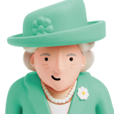 A cartoon-style figure with a simple face, wearing a turquoise outfit and matching hat. The figure has a neutral expression and wears a pearl necklace.
