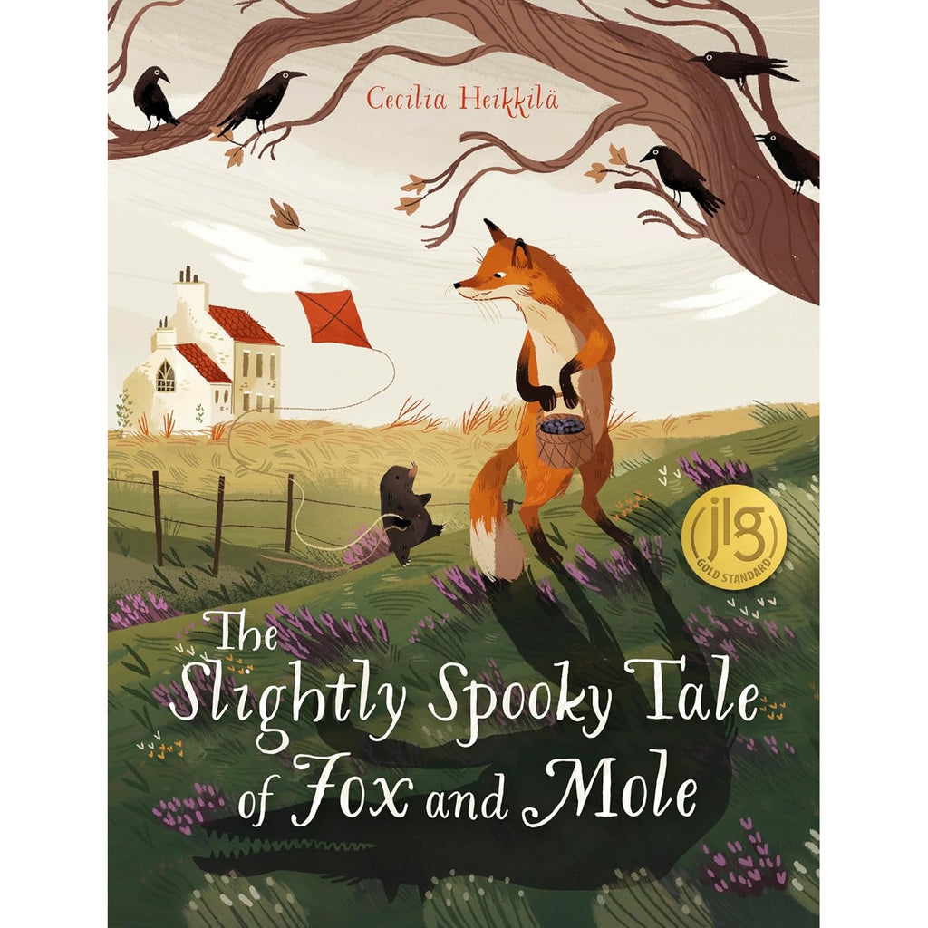 Cover of "The Slightly Spooky Tale of Fox and Mole" by Cecilia Heikkilä. A fox and mole walk on a grassy hill with crows in a tree. A house and red kite are in the background. The tone is whimsical and slightly mysterious.