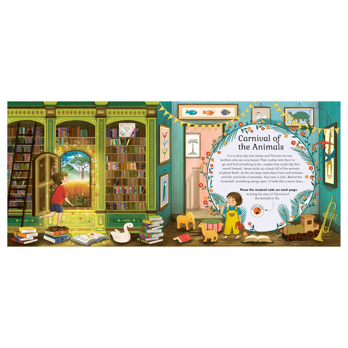 A vibrant illustration depicts a cozy library with two children. One opens a glowing door to a sunny landscape, while the other plays with toys. Books and a musical note motif create an enchanting, playful atmosphere.