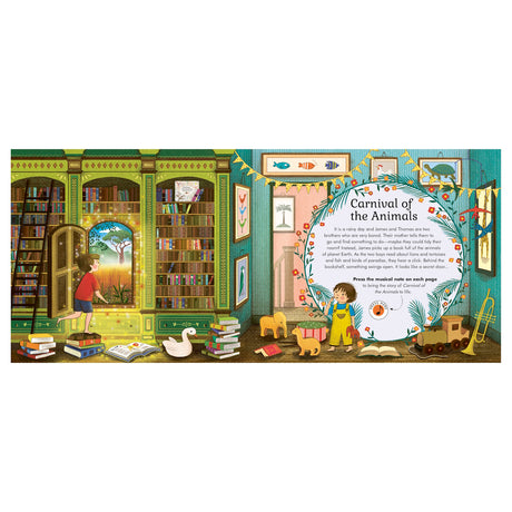 A vibrant illustration depicts a cozy library with two children. One opens a glowing door to a sunny landscape, while the other plays with toys. Books and a musical note motif create an enchanting, playful atmosphere.