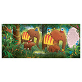 A whimsical scene of two elephants with colorful saddles and hats in a lush jungle. Two children ride them playfully; bright, cheerful atmosphere.