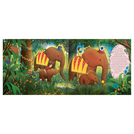 A whimsical scene of two elephants with colorful saddles and hats in a lush jungle. Two children ride them playfully; bright, cheerful atmosphere.