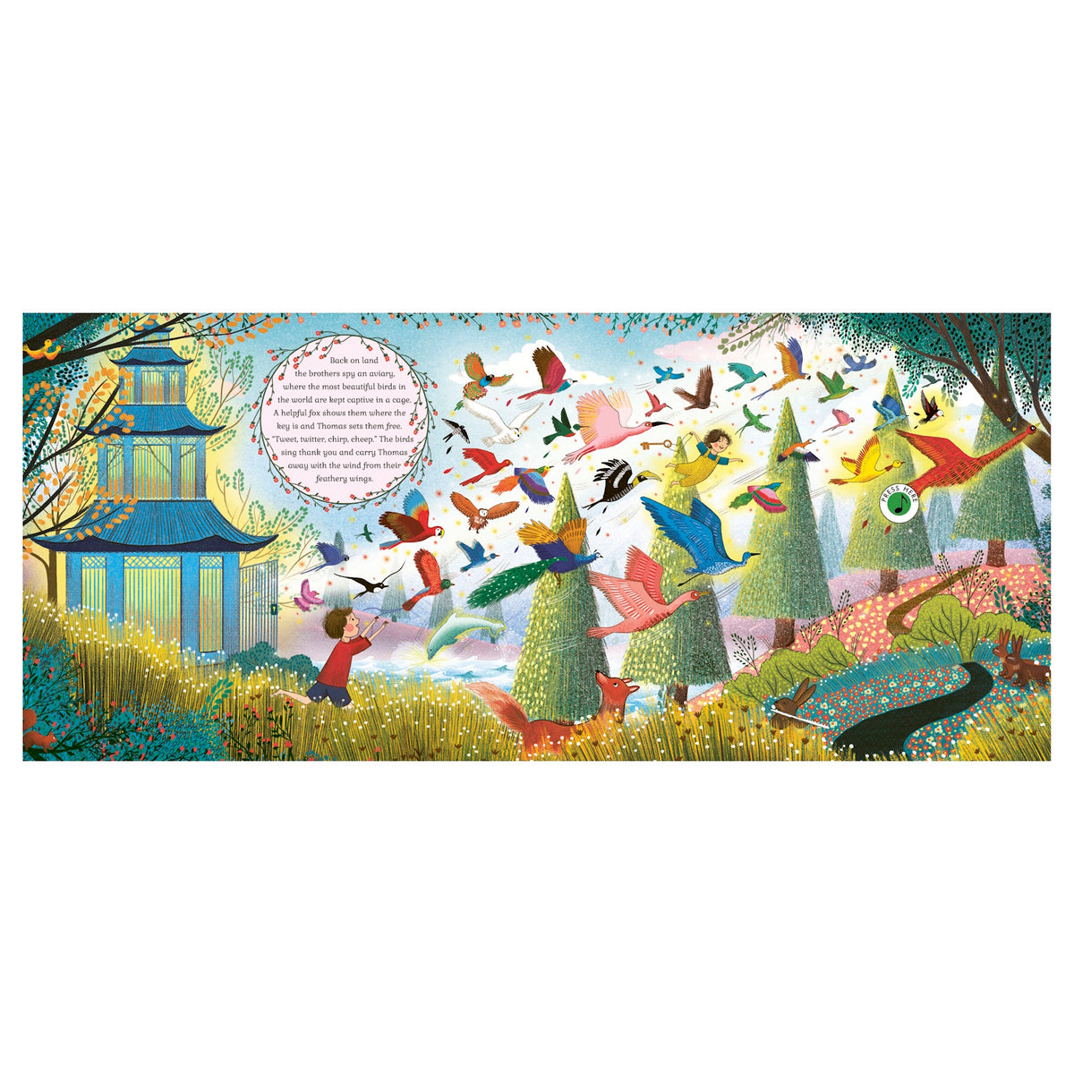 A vibrant, whimsical scene with colorful birds flying around a blue pagoda and boy amid trees. Bright colors and playful energy fill the landscape.