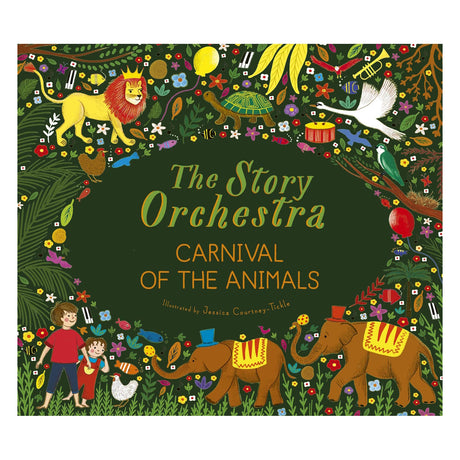 Children's book cover titled "The Story Orchestra: Carnival of the Animals." Features a lush jungle scene with a lion, elephants, and vibrant plants.