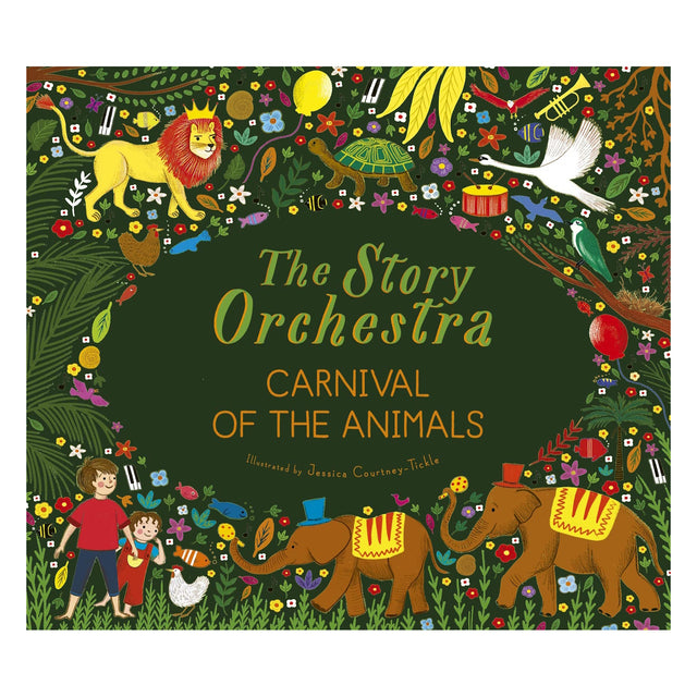 Children's book cover titled "The Story Orchestra: Carnival of the Animals." Features a lush jungle scene with a lion, elephants, and vibrant plants.