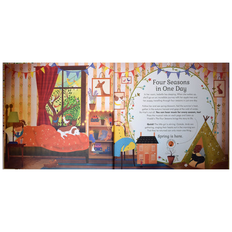 A cozy bedroom with a girl sleeping under an orange polka-dot blanket, a dog beside her. The window shows a tree and birds outside. Text on the right reads "Four Seasons in One Day" and describes an imaginative journey. The scene is warm and inviting.