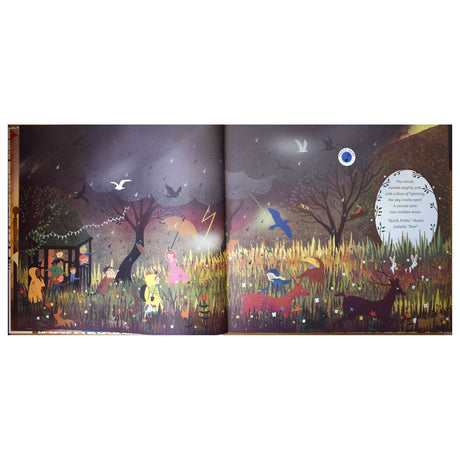Children in rain gear play in a colorful, enchanted forest under a stormy sky with lightning. Birds fly overhead, and animals, like deer, roam nearby.