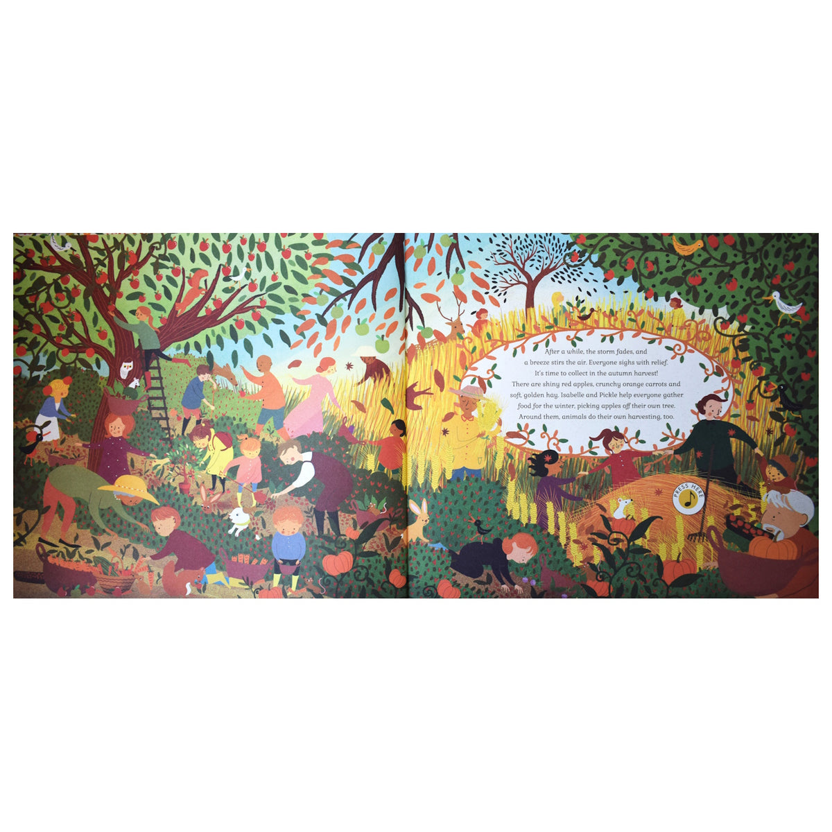 Illustration of a vibrant harvest scene with people gathering fruits and vegetables under colorful trees, exuding a warm, joyful autumn atmosphere.
