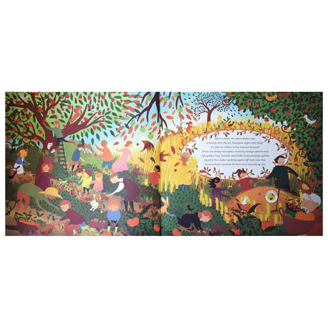 Illustration of a vibrant harvest scene with people gathering fruits and vegetables under colorful trees, exuding a warm, joyful autumn atmosphere.