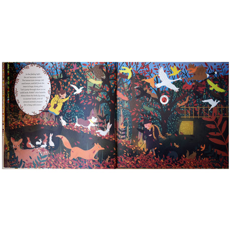Illustrated book spread of a vibrant autumn forest scene with colorful leaves. Animals like rabbits and deer frolic, and a child explores joyfully.