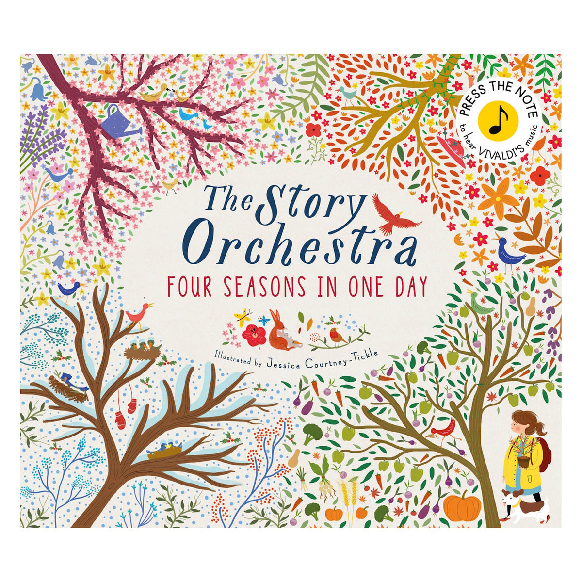 Cover of "The Story Orchestra: Four Seasons in One Day" showing colorful trees representing each season, with animals and a child in a yellow coat.