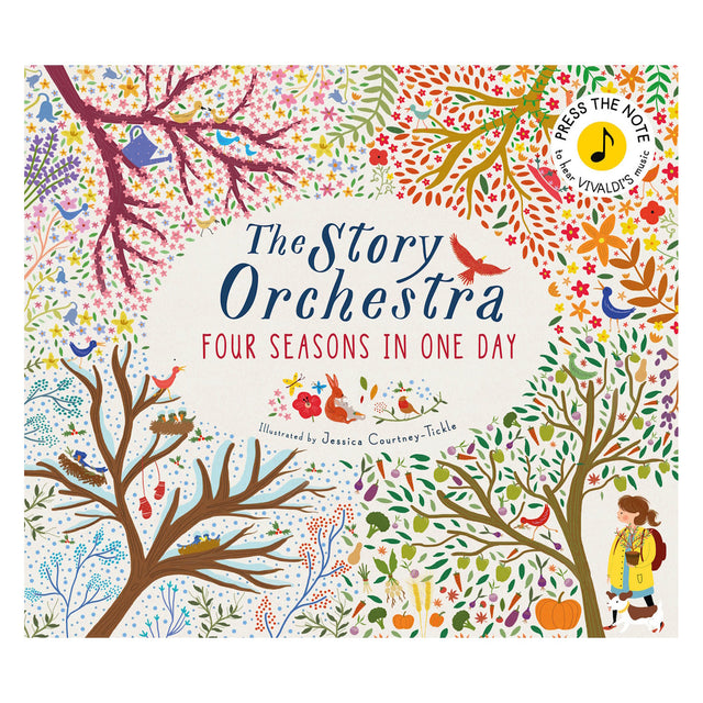 Cover of "The Story Orchestra: Four Seasons in One Day" showing colorful trees representing each season, with animals and a child in a yellow coat.