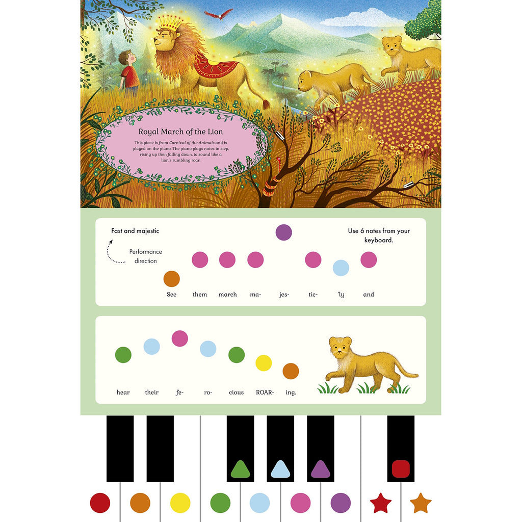 An interactive musical book that introduces children to famous classical melodies with easy-to-follow notes and sound buttons, encouraging early musical exploration.