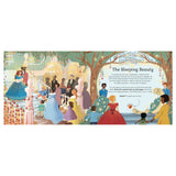 Illustration of a royal celebration with elegantly dressed guests, chandeliers, and trees. Text titled "The Sleeping Beauty" on the right. Joyful, festive scene.