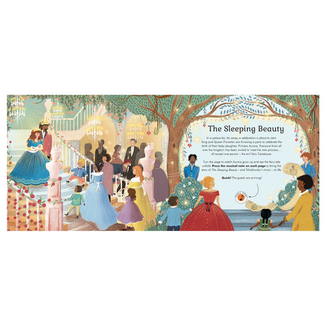 Illustration of a royal celebration with elegantly dressed guests, chandeliers, and trees. Text titled "The Sleeping Beauty" on the right. Joyful, festive scene.