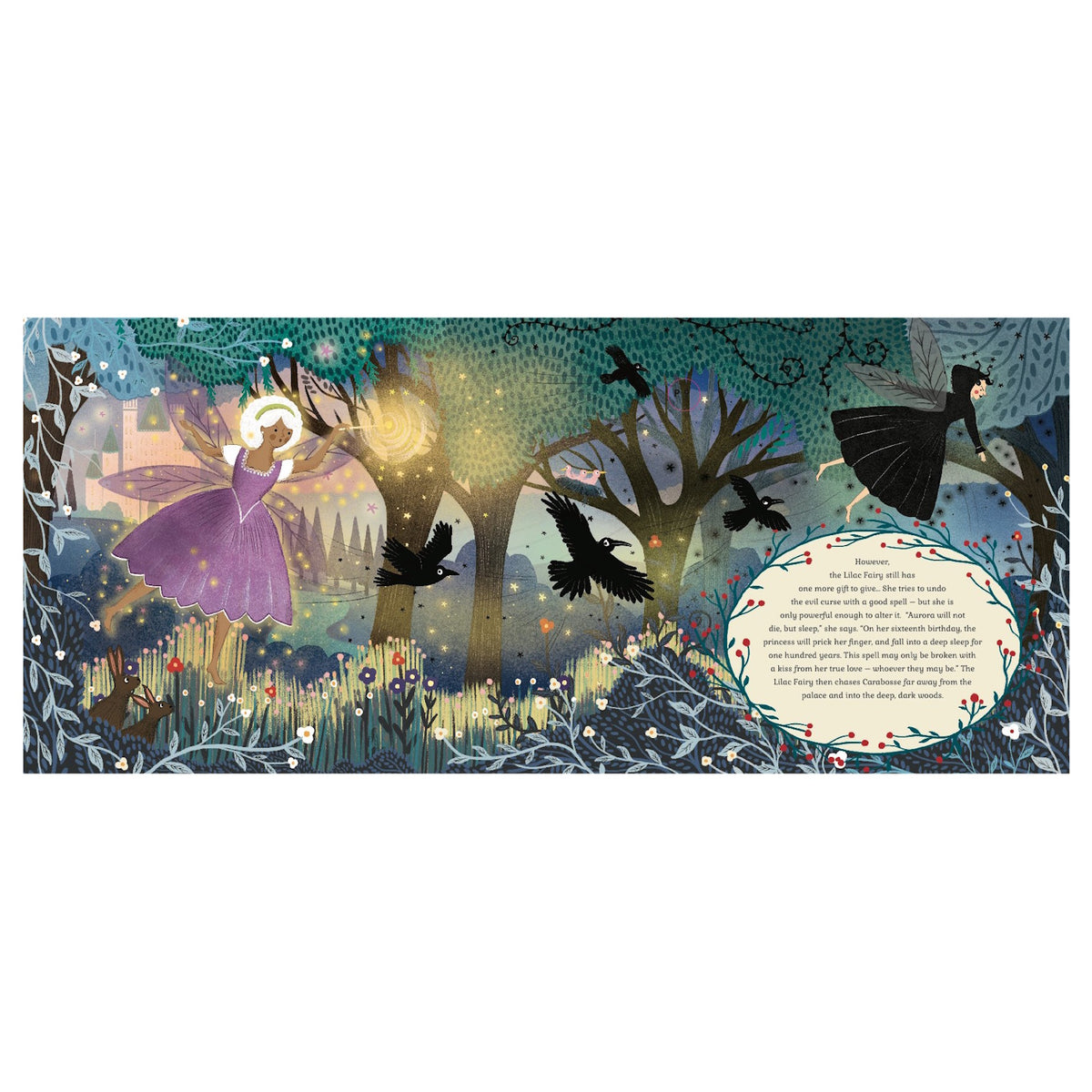 Illustration of a fairy tale scene with a fairy in a purple dress flying over a moonlit forest. Black birds and glowing lights add a mystical feel.