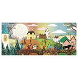 Colorful illustration of a vibrant village scene in early spring. Villagers walk on a path carrying tools, surrounded by blooming trees and quaint houses.