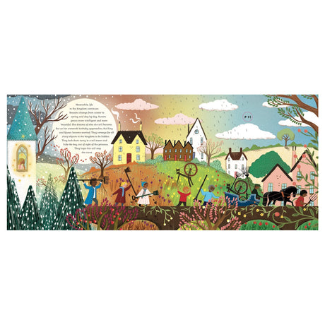 Colorful illustration of a vibrant village scene in early spring. Villagers walk on a path carrying tools, surrounded by blooming trees and quaint houses.