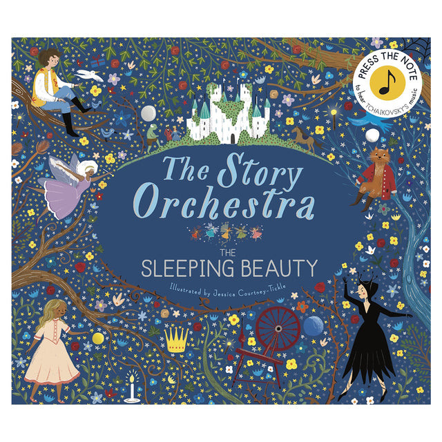 Storybook cover, "The Sleeping Beauty" from The Story Orchestra series. Vibrant flowers, a castle, and fairy-tale characters create a whimsical scene.