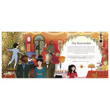 Illustration of a festive Christmas gathering. People in elegant attire stand near a decorated tree, chatting and smiling. A girl, dressed in blue, dances joyfully. The overall tone is cheerful and warm.