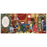 Festive room with children opening presents by a Christmas tree. A woman stands by a sofa, a cat walks on it, and a man in a top hat enters. Warm and joyful atmosphere.