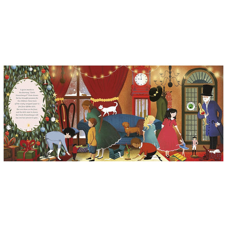 Festive room with children opening presents by a Christmas tree. A woman stands by a sofa, a cat walks on it, and a man in a top hat enters. Warm and joyful atmosphere.