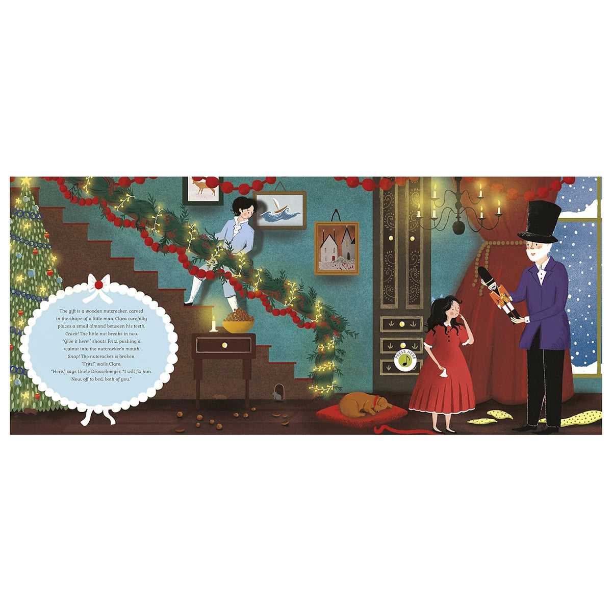 A festive, illustrated scene of a girl in a red dress, excitedly receiving a nutcracker from a man in a top hat by a Christmas tree and decorated staircase.