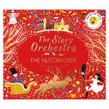 Cover of "The Story Orchestra: The Nutcracker" book. Vibrant red with festive illustrations, including a ballerina, reindeer, toy soldier, and sleigh.