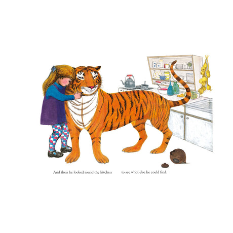 A smiling girl in colorful tights hugs a friendly tiger in a kitchen. The tiger wears necklaces and looks curious. A kettle and dishes on shelves add warmth.