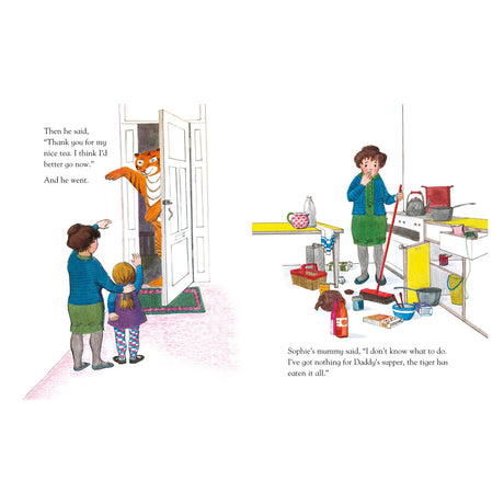 Illustration of a woman and child at the door as a friendly tiger leaves. The kitchen is messy, and the woman appears puzzled, holding a broom. Text expresses concern about a missing supper.