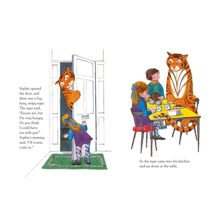 Sophie opens the door to a friendly tiger. They sit for tea at a table with Sophie and her mother. The scene feels whimsical and inviting.