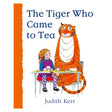 Cover of "The Tiger Who Came to Tea" by Judith Kerr. A girl and a friendly tiger sit at a table with tea and cake, conveying warmth and whimsy.