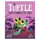 Book cover of "The Turtle Who Turned the Tide" featuring two cute cartoon sea turtles on a pink background.