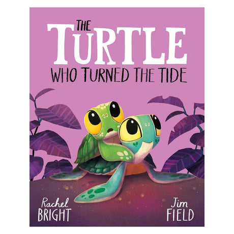 Book cover of "The Turtle Who Turned the Tide" featuring two cute cartoon sea turtles on a pink background.