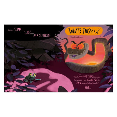 Children's book illustration of a large snake with glowing orange eyes cornering two small sea turtles.
