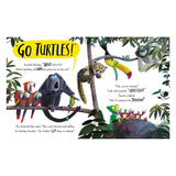 Children's book illustration of jungle animals cheering, featuring a monkey, parrots, and a toucan.