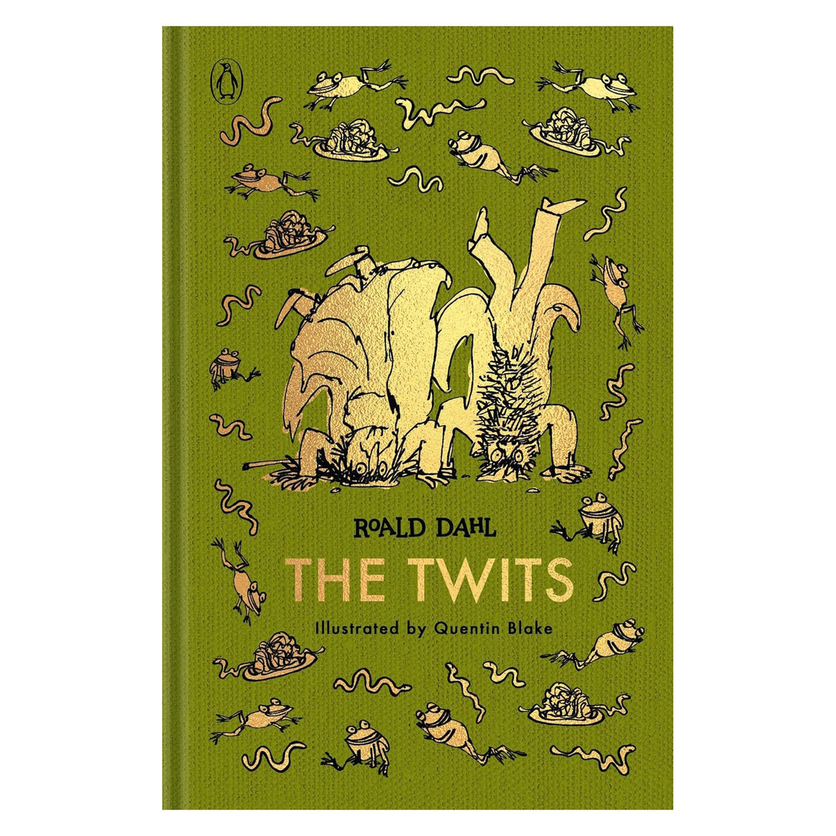 Green clothbound book cover for The Twits by Roald Dahl, featuring gold illustrations of frogs and characters.