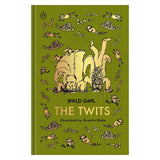 Green clothbound book cover for The Twits by Roald Dahl, featuring gold illustrations of frogs and characters.