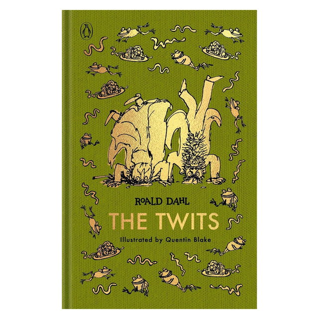 Green clothbound book cover for The Twits by Roald Dahl, featuring gold illustrations of frogs and characters.