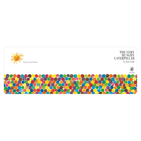 Cover illustration for "The Very Hungry Caterpillar" by Eric Carle features a bright sun, colorful dots, and a dedication to Christa, conveying a playful tone.