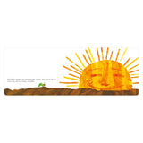 A bright, cheerful sun with a face rises over a brown horizon, while a tiny green caterpillar emerges from an egg, capturing a sense of new beginnings.