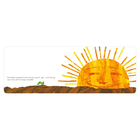 A bright, cheerful sun with a face rises over a brown horizon, while a tiny green caterpillar emerges from an egg, capturing a sense of new beginnings.