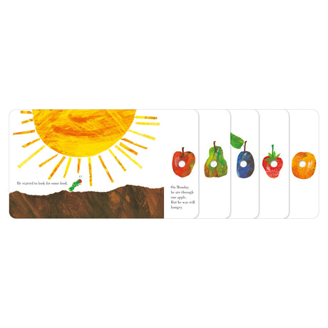 A vibrant illustration shows a large yellow sun above a small green caterpillar on a brown hill. To the right, colorful fruits appear with bite marks: an apple, pear, plum, strawberry, and orange. The scene feels playful and dynamic.