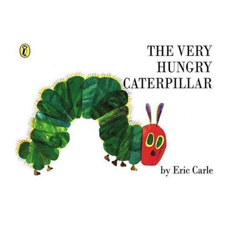 Illustrated cover of "The Very Hungry Caterpillar" by Eric Carle, featuring a green caterpillar with a red head and yellow eyes, set against a white background.