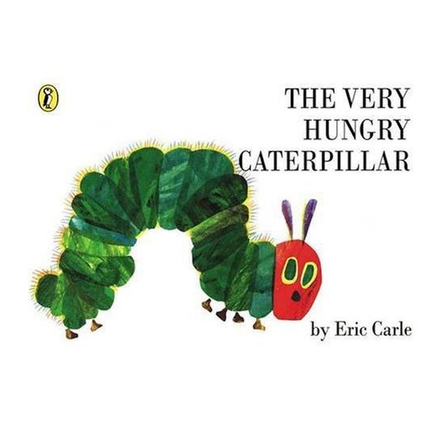 Illustrated cover of "The Very Hungry Caterpillar" by Eric Carle, featuring a green caterpillar with a red head and yellow eyes, set against a white background.