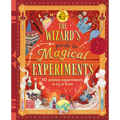 Cover of "The Wizard's Guide to Magical Experiments" features colorful potions, a wand, and candles, with a whimsical and enchanting theme.