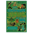 Bold book cover of "The Wonderful Wizard of Oz" featuring vibrant green and gold colors with illustrations of characters and scenes from the story.